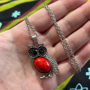 Whimsigoth Vintage Style Faux Coral Owl Silver Tone Metal Costume Necklace